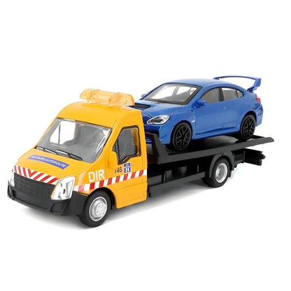 Iveco Daily laranja a transportar o Subaru WRX azul na plataforma, em vista de frente e lateral