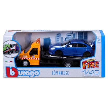 Embalagem Bburago Street Fire com reboque Iveco Daily laranja e Subaru WRX azul