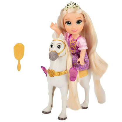 Boneca Rapunzel montada no cavalo Maximus, com escova ao lado