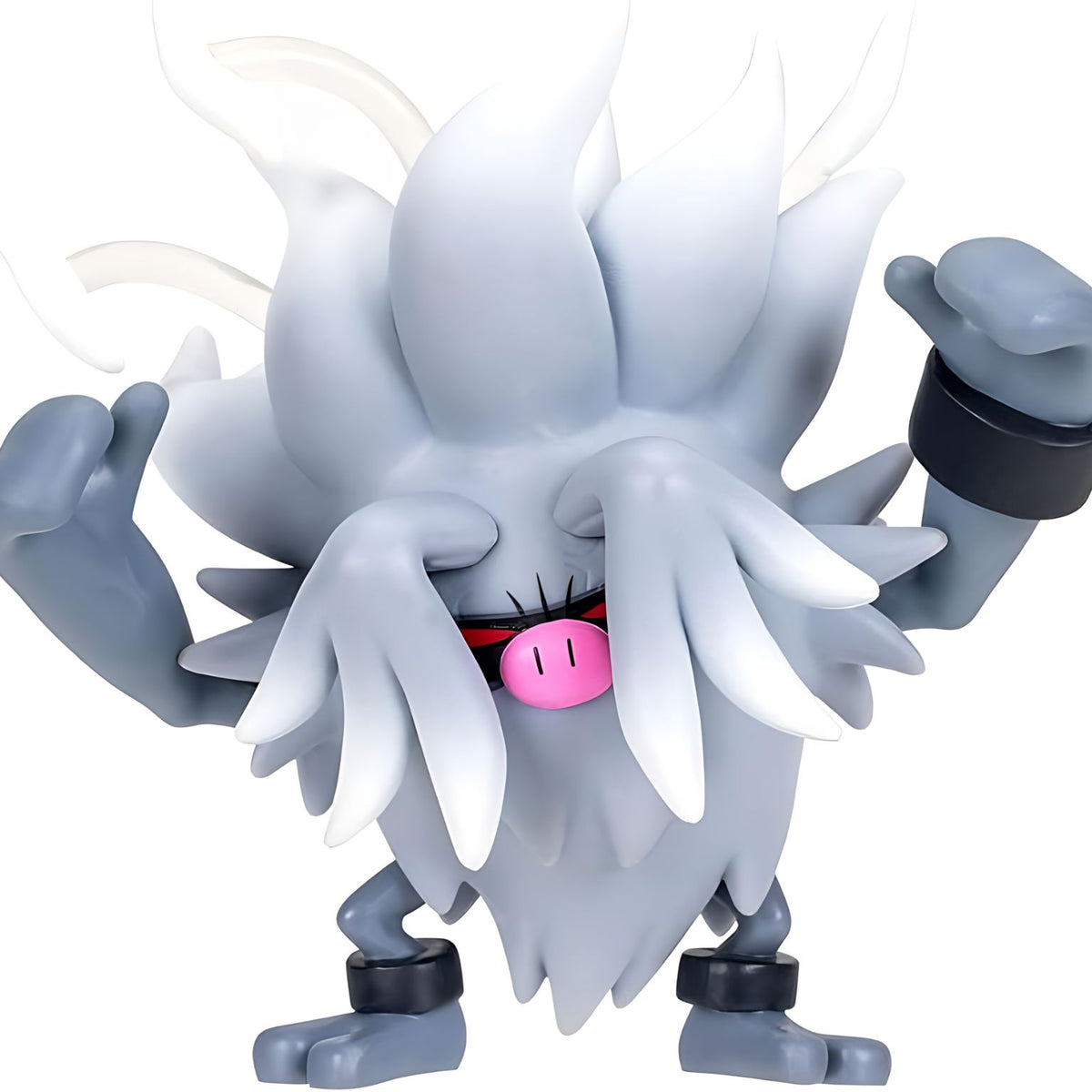 Figura Pokémon Annihilape cinzenta, com juba branca e braços erguidos