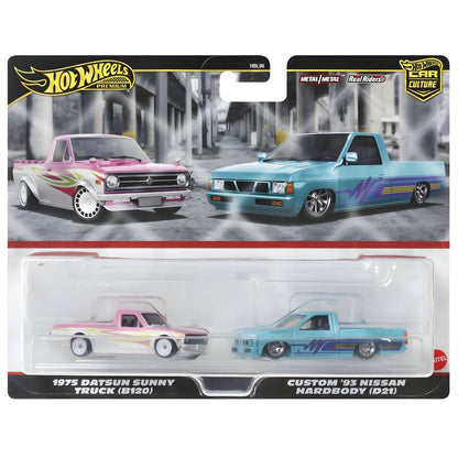 Introducing Hot Wheels Car Culture - 1975 Datsun Sunny Truck (B120) and Custom 93 Nissan Hardbody (D21) with SKU 771845424 recommended for ages 3+