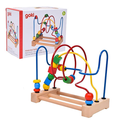 Brinquedo infantil de contas de madeira com percurso em espiral