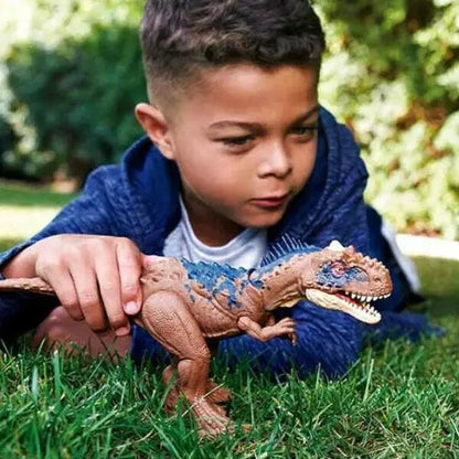 Introducing Jurassic World Rajasaurus roars and attacks with SKU 853412322 recommended for ages 4+