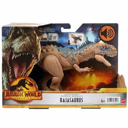 Introducing Jurassic World Rajasaurus roars and attacks with SKU 853412322 recommended for ages 4+