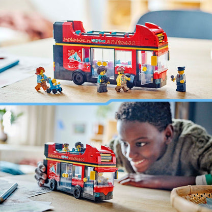 Introducing the LEGO City Red 2-Storey Tourist Bus with SKU 666040724, recommended for ages 7+