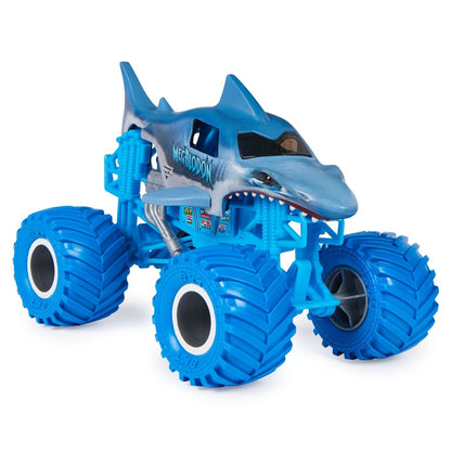Camião Monster Jam Megalodon Azul com rodas azuis, vista dianteira