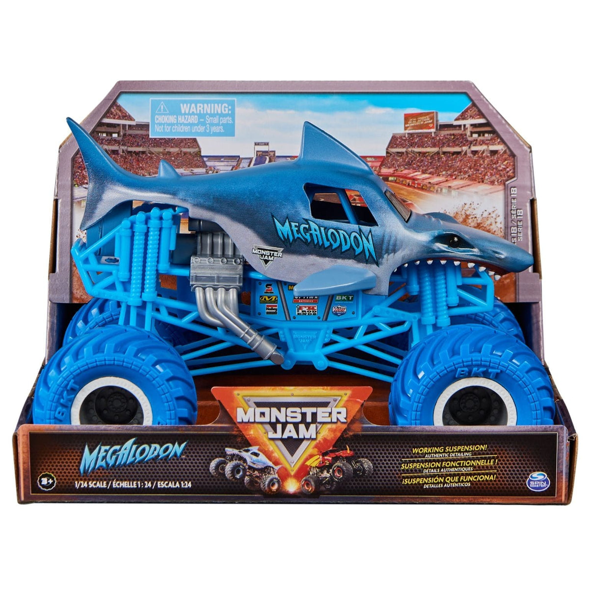 Monster Jam Megalodon Azul na embalagem