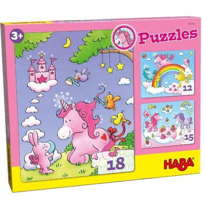 3 HABA Unicorn Puzzles with magical unicorn scenes