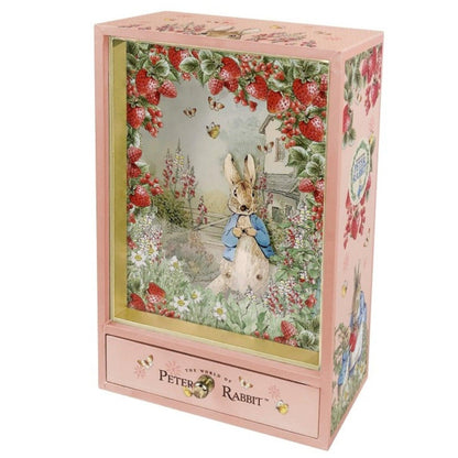 Caixa de música Peter Rabbit Morangos cor-de-rosa, com cena de jardim e gaveta frontal