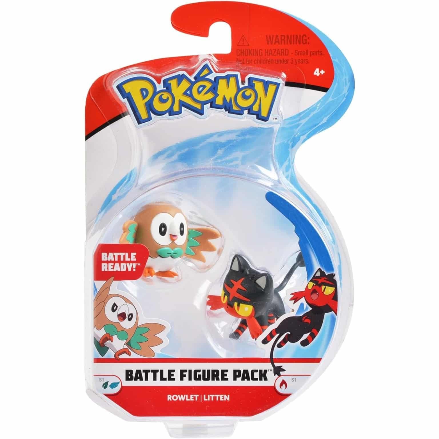 Figura Pokémon Rowlet e Litten da Jazwares em pack de batalha com Rowlet e Litten