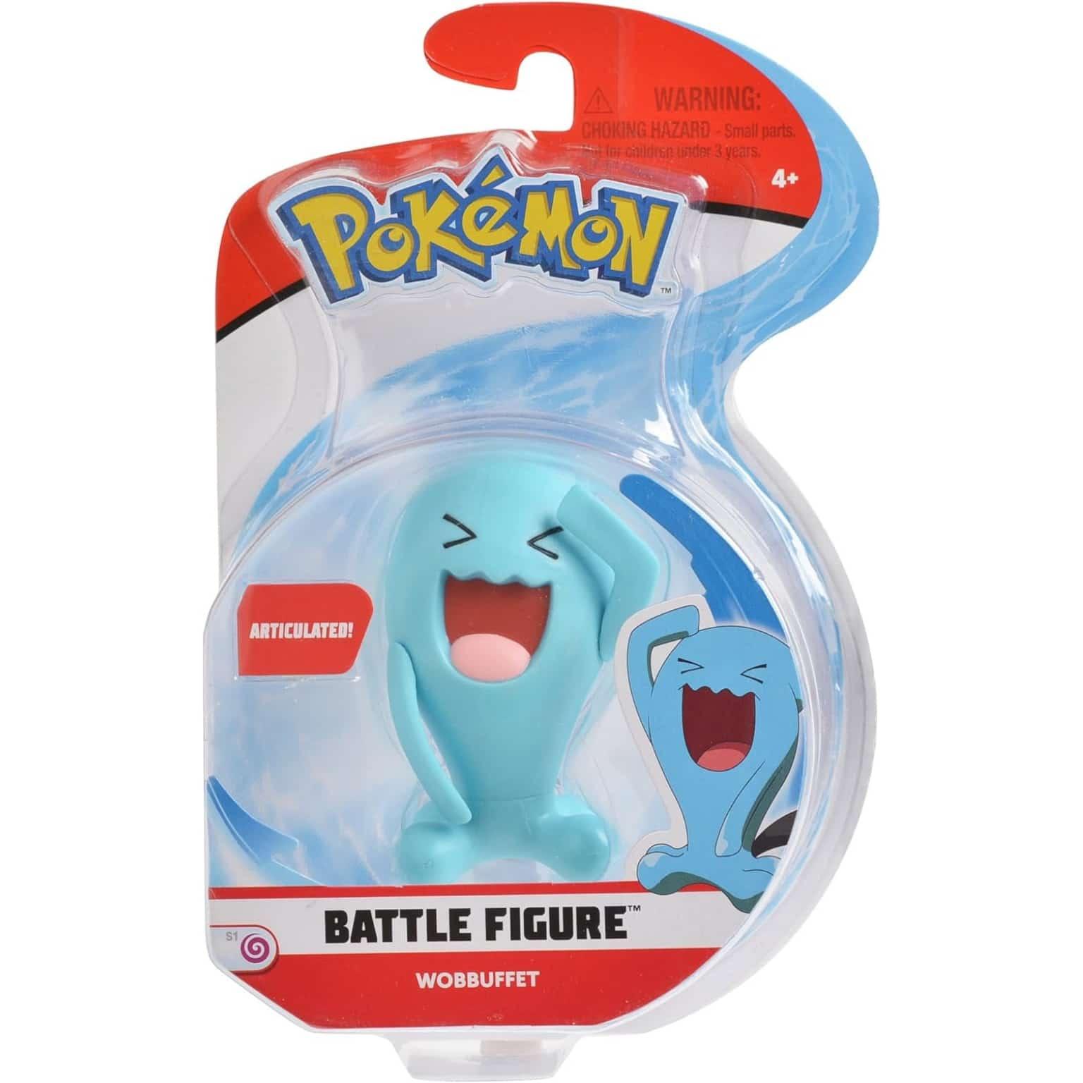 Figura de batalha Pokémon Wobbuffet azul com braços levantados em embalagem oficial
