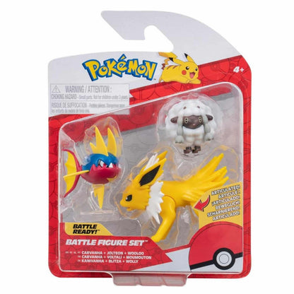 Introducing Pokémon Battle Figures - Carvanha, Jolteon and Wooloo with SKU 23305024 recommended for ages + 4 years