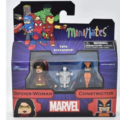 Introducing Minimates Spider-Woman and Constrictor with SKU 868376821 recommended for + 3 years