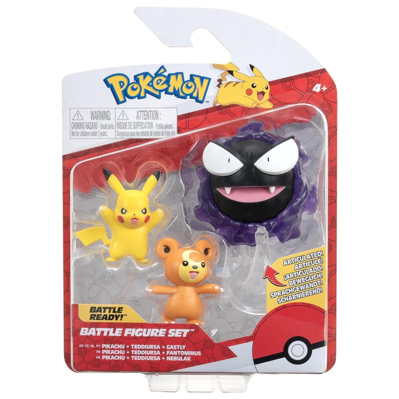 Pokémon Figuras de Batalha Teddiursa, Pikachu e Gastly - Brincatoys