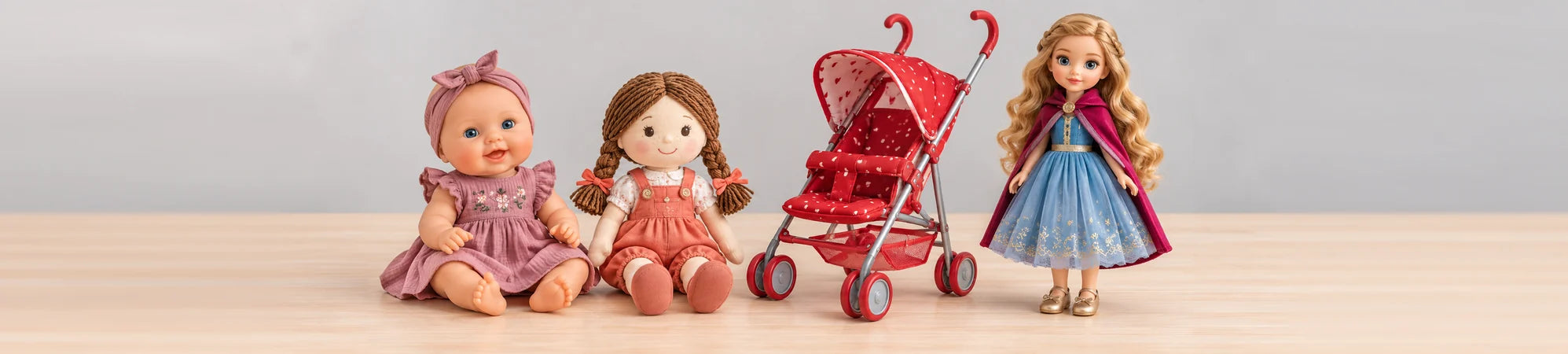 Different types of dolls and a toy stroller.
