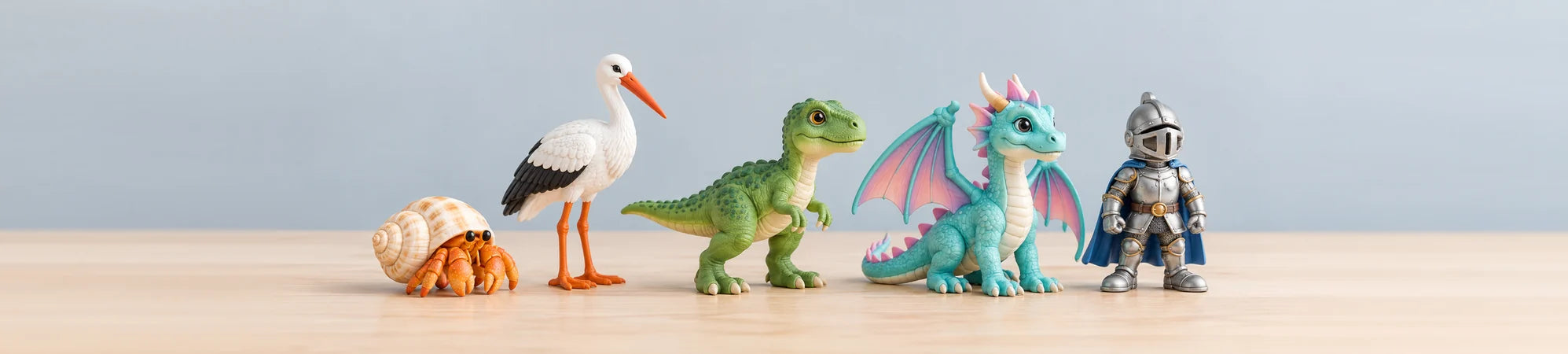 Toy animal figures, a dinosaur, a dragon and a knight.