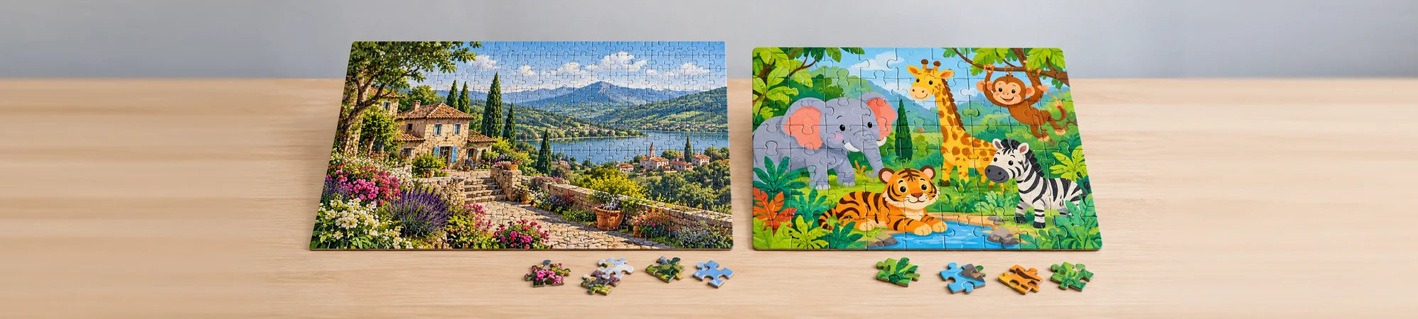 Puzzles for adults and children with a few loose pieces.